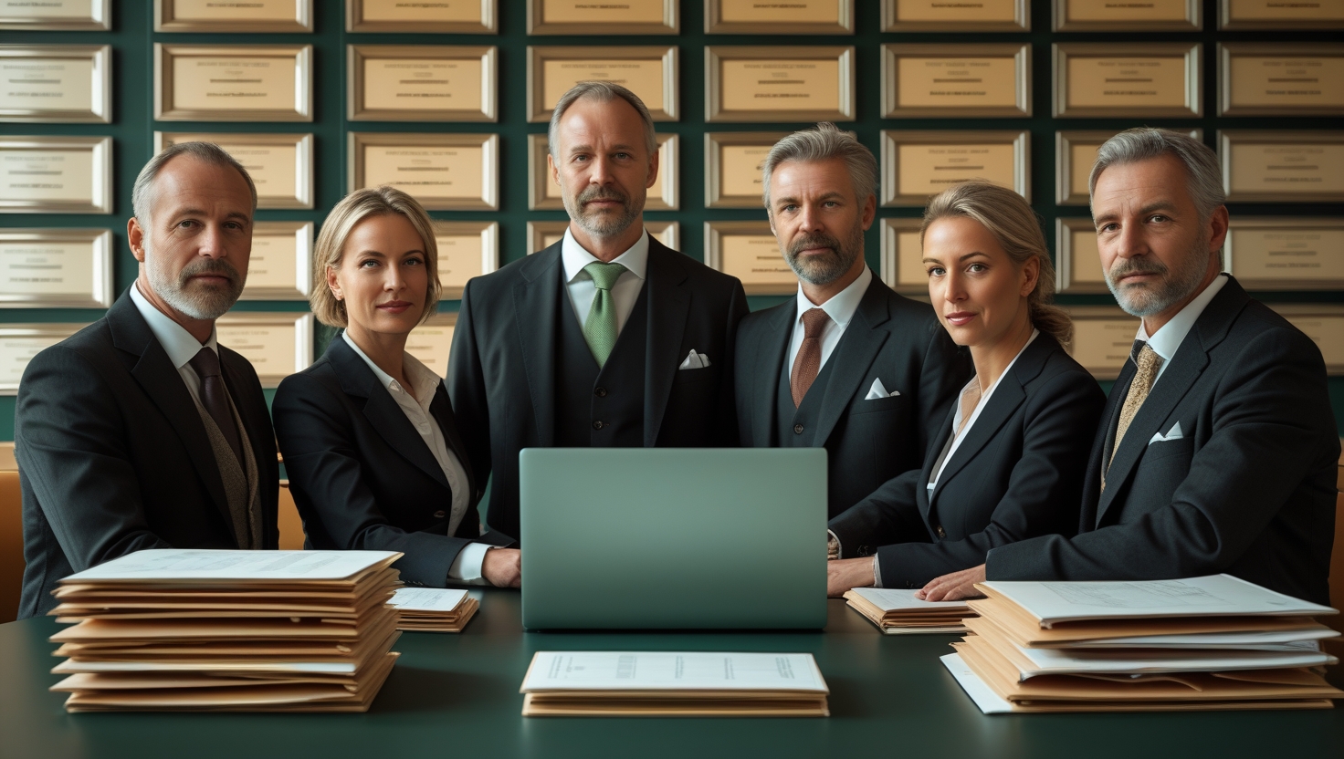 Gruppe von sechs Personen in formeller Kleidung, die an einem Tisch mit einem Laptop und mehreren Dokumenten sitzt, vor einer Wand mit eingerahmten Plaketten.